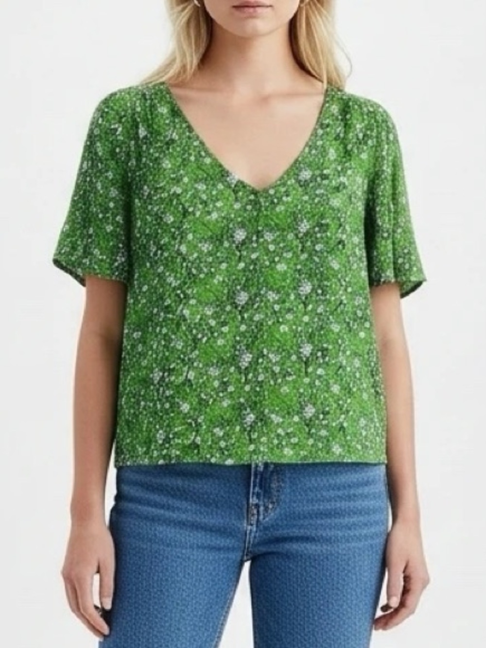 Hinge Green Floral Short Sleeve Top